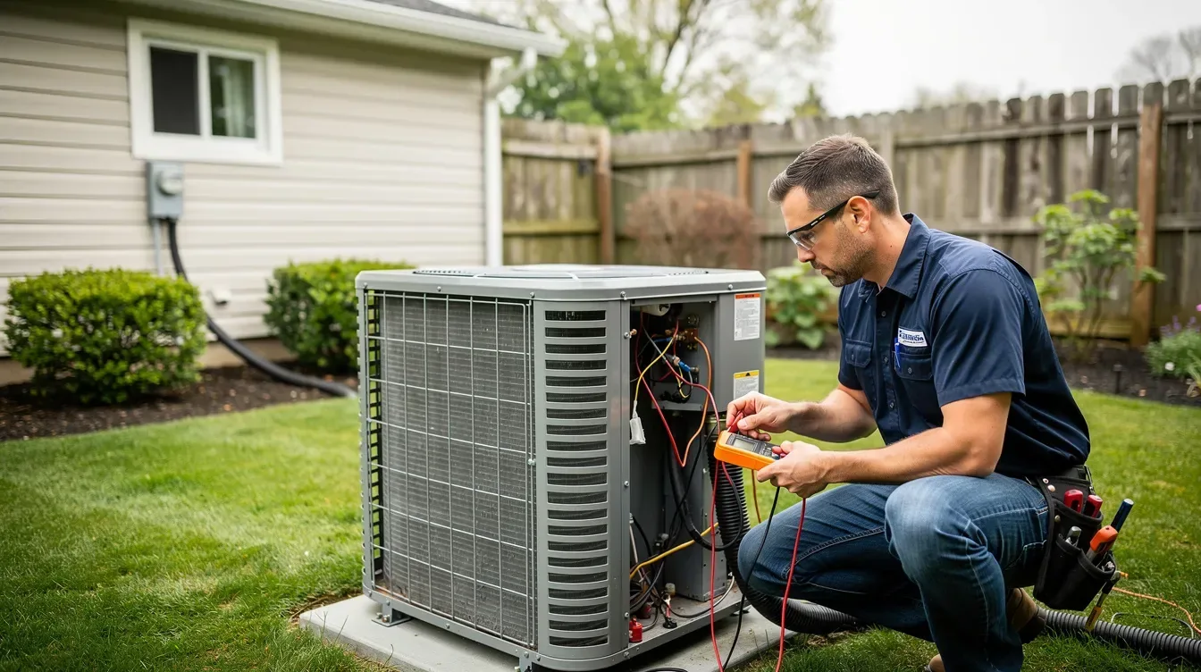 Technician servicing a residential outdoor air conditioning unit