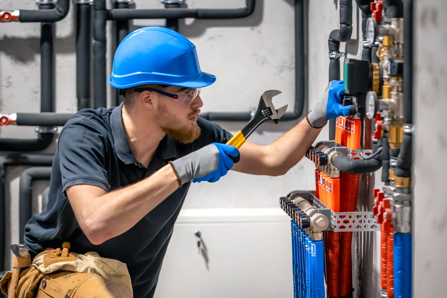 Technician servicing HVAC piping and airflow equipment