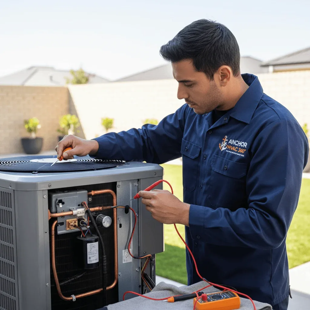 Technician repairing an outdoor air conditioning system