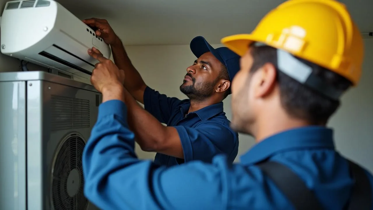 Two HVAC professionals inspecting indoor equipment