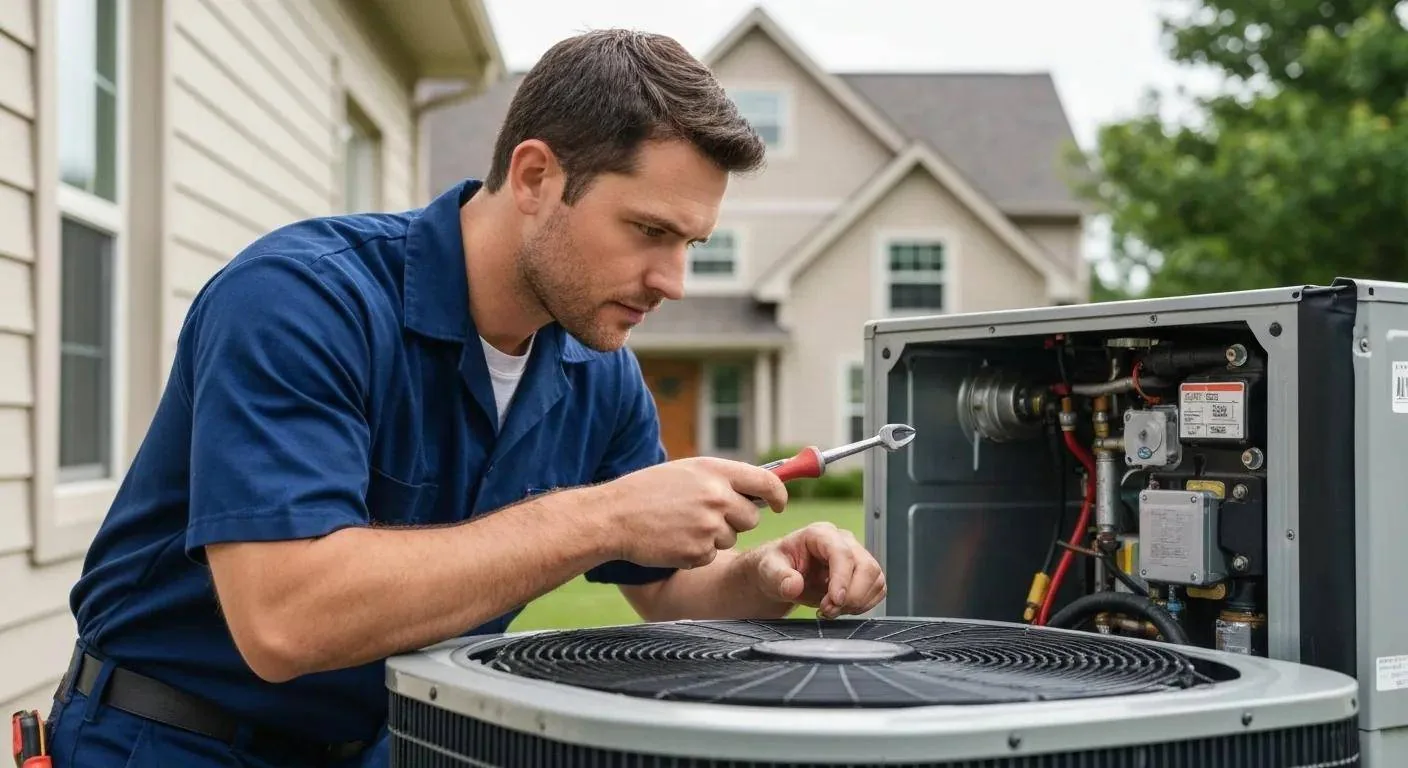 HVAC technician inspecting residential cooling equipment